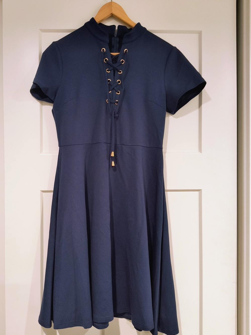 Miusol Navy Lace-Up Short Sleeve Fit & Flare Dress